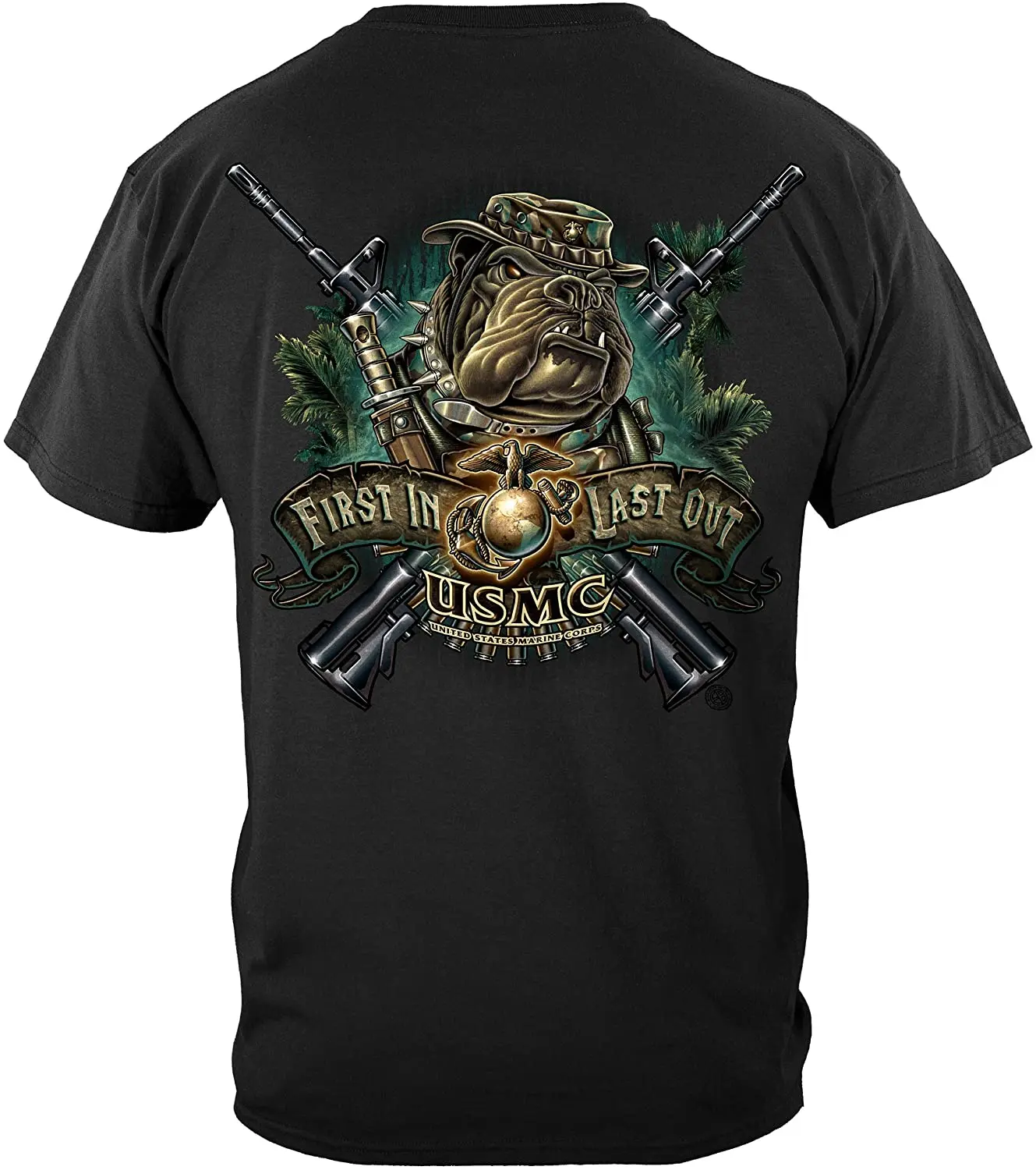 

Marine Corps T-Shirt Marine Devil Dog First in Last Out T-Shirt