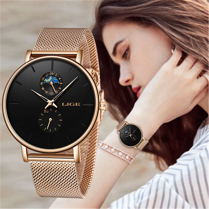 

New 2020 LIGE Quartz Watch Women Mesh Stainless Steel Watchband Casual Wristwatch Japan Movement Bayan Kol Saati Reloj Mujer+Box