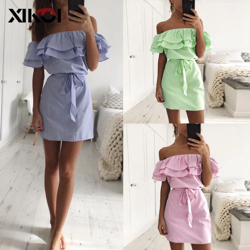 Платье XIKOI женское с вырезом лодочкой Повседневный Сарафан в полоску мини-платье