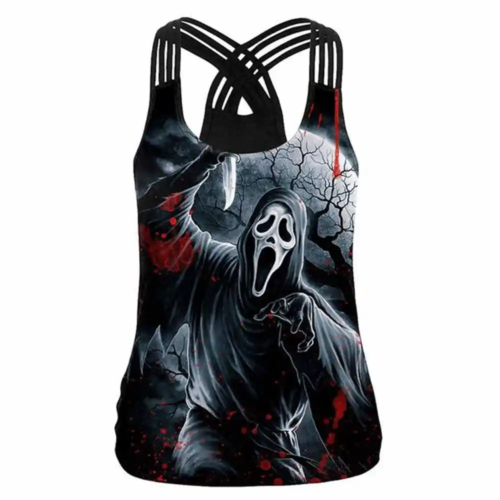 Хэллоуин жуткий череп печати жилеты дышащие без рукавов Женская футболка Топы