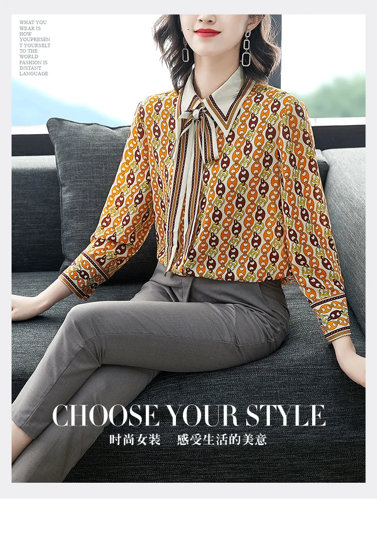 

Chain Printing Women Blouse Turn Dollar Femme Blusa Bow Tie Yellow Shirt Office Lady Casual Long Sleeves Shirts ropa de mujer