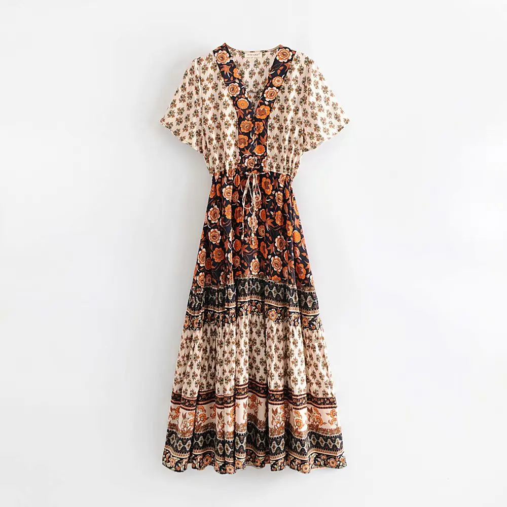

Floral Print Bat Sleeve Beach Bohemian Dress Women Soft V Neck Tassel Summer Vintage Chic Boho Maxi Dresses Female Vestidos 604