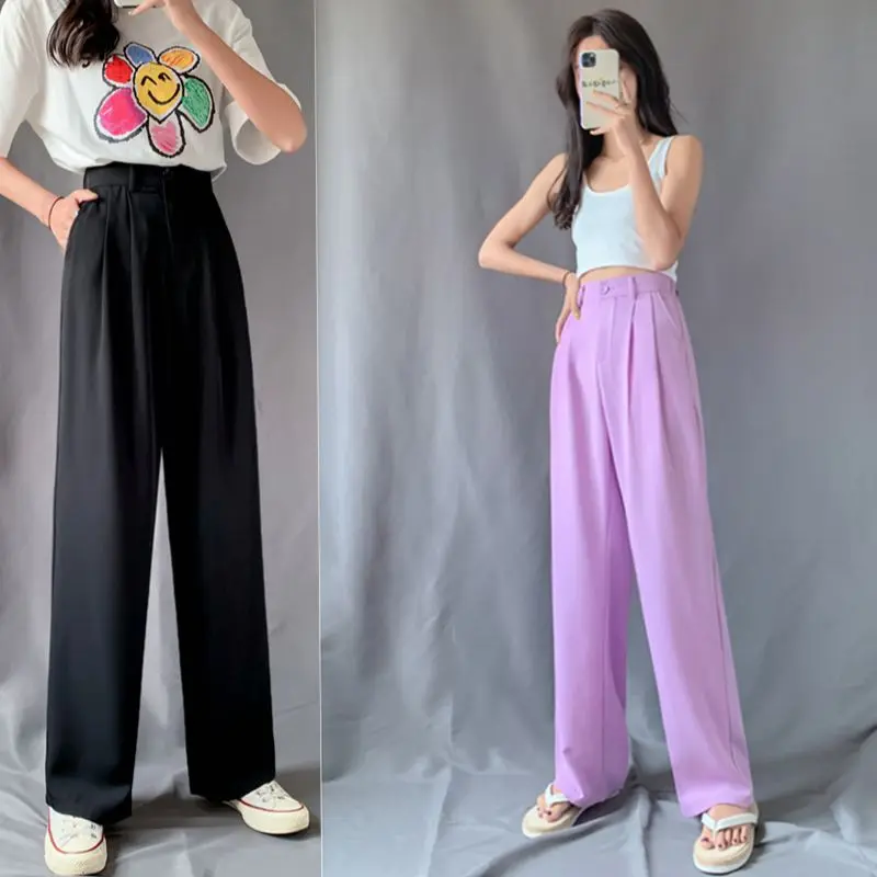 

Casual Pants Women Ulzzang Chic Pure Purple Loose Office Lady Long Pant High Waist Summer Wide Leg Black Fashion Vintage Capris