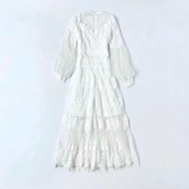 

Dress White Long 2021 Spring Summer High Quality Wedding Party Women Sexy Tulle Mesh Lace Patchwork Long Sleeve Maxi Dress XL
