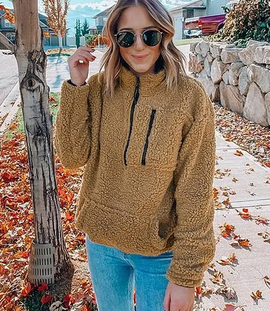 

Women Hoodies Imitation Lamb Pullover Jacket Coat Solid Color Long Sleeve Round Neck Outerwear with Pocket Hooded Top Clothes