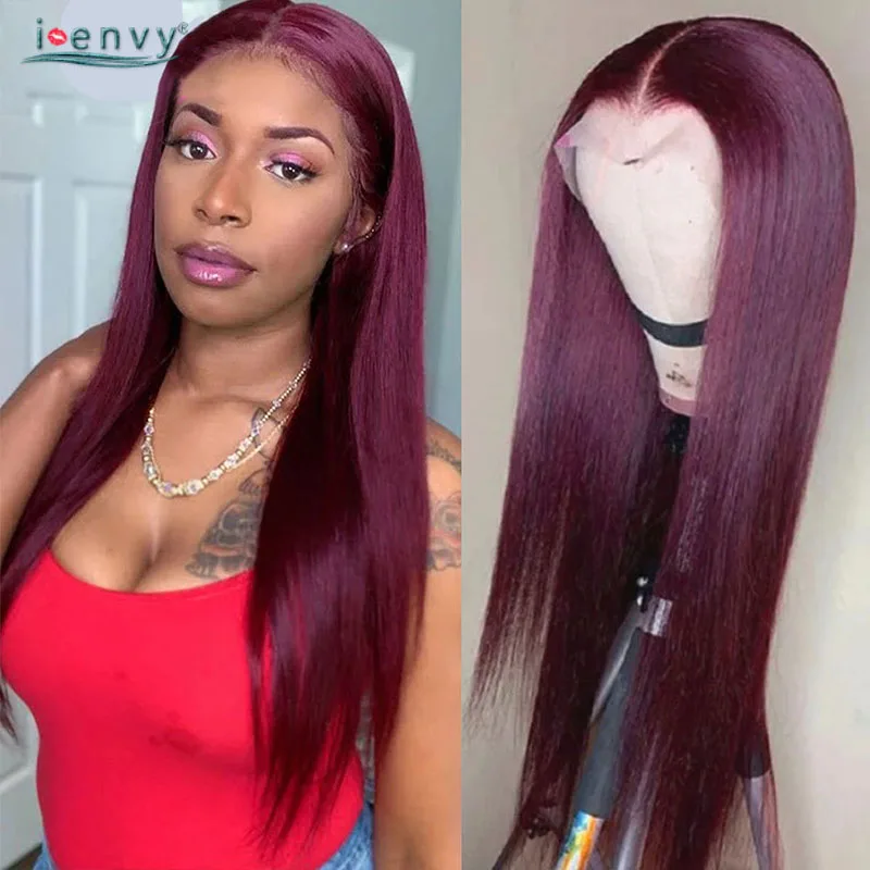 

Burgundy Wigs For Women Human Hair Peruvian Straight Human Hair Transparent Lace Frontal Wig Colored 99J Lace Front Wig PrePluck