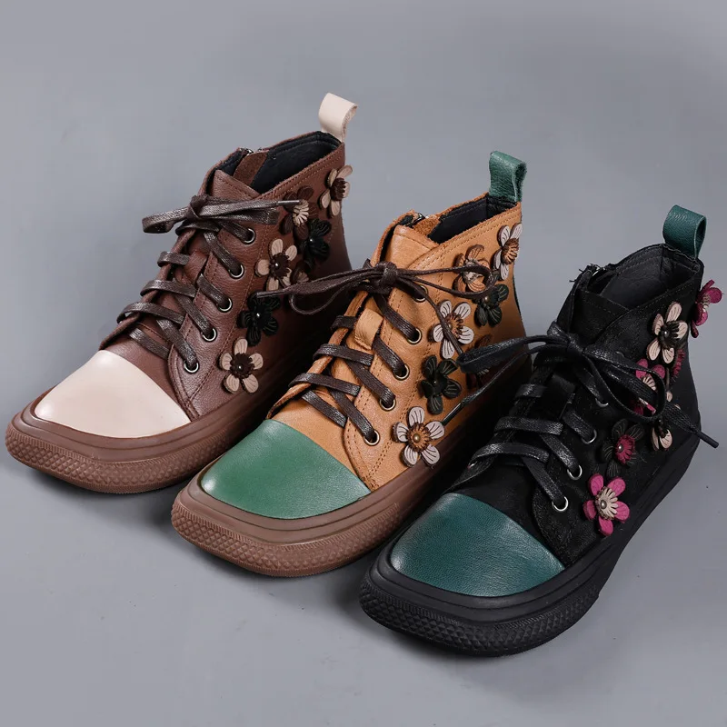 

Birkuir Genuine Leather Women Boots Retro Flowers ZIP Ankle Boots 2021 New Square Toe Handmade Women Shoes Leisure Ladies Boots