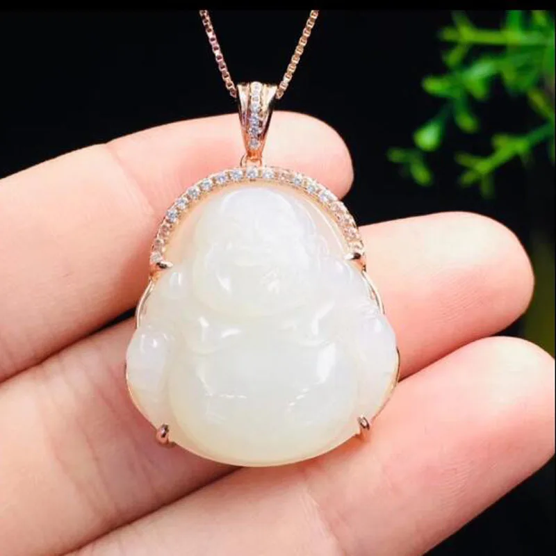 Кулон с белым нефритом из стерлингового серебра 925 пробы амулетом Happy Buddha колье