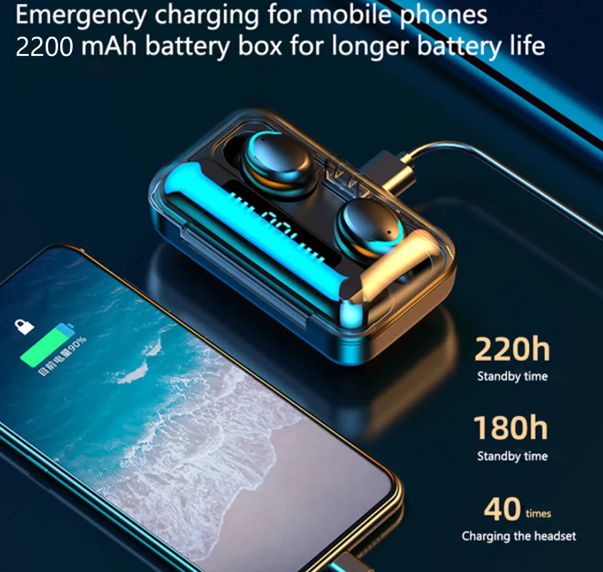 TWS Bluetooth 5.0 Earphones 2200mAh Charging Box Wireless Headphone 9D Stereo Sports Waterproof Earbuds Headsets With Microphone |