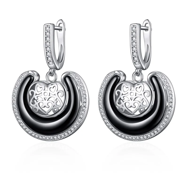 silver black MAIKALE модные дизайнерские круглые керамические серьги в форме сердца, позолоченные серебряные серьги-капли для женщин, ювелирные изделия, подарки - Окраска металла: silver black
