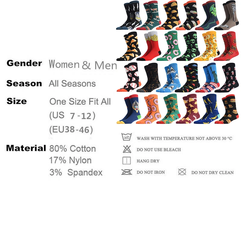 

Happy Funny Socks Fashion Hip Hop Skateboard Socks Men Cotton Cartoon Shark Alien Food Hamburger Pizza Sushi Unisex Sokken