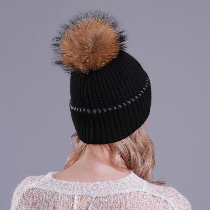 Женские шерстяные шапки с подошвой зимние теплые трикотажные настоящим помпон