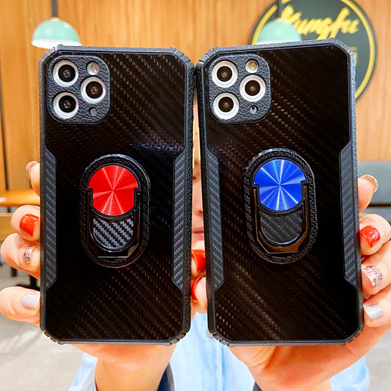 

Luxury Armor Carbon fiber Finger Ring Phone Case For Samsung NOTE20 20ULTra 20Plus S10 S20 Plus Heavy Duty Protection Soft Cover