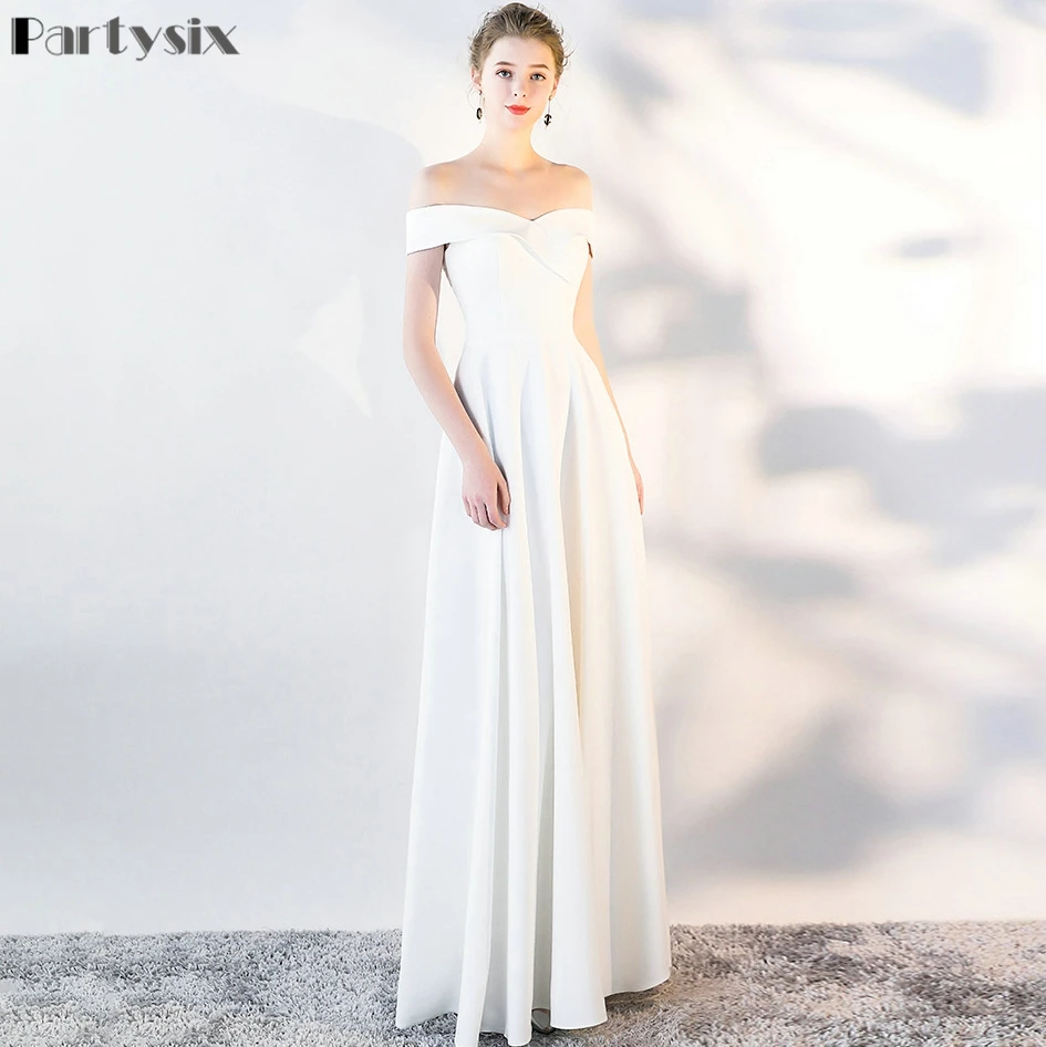 

Partysix Long Elegant Evening Dress Satin Women Party Gowns Pleated Off-Shoulder High Quality Vestido A-Line Zip Back