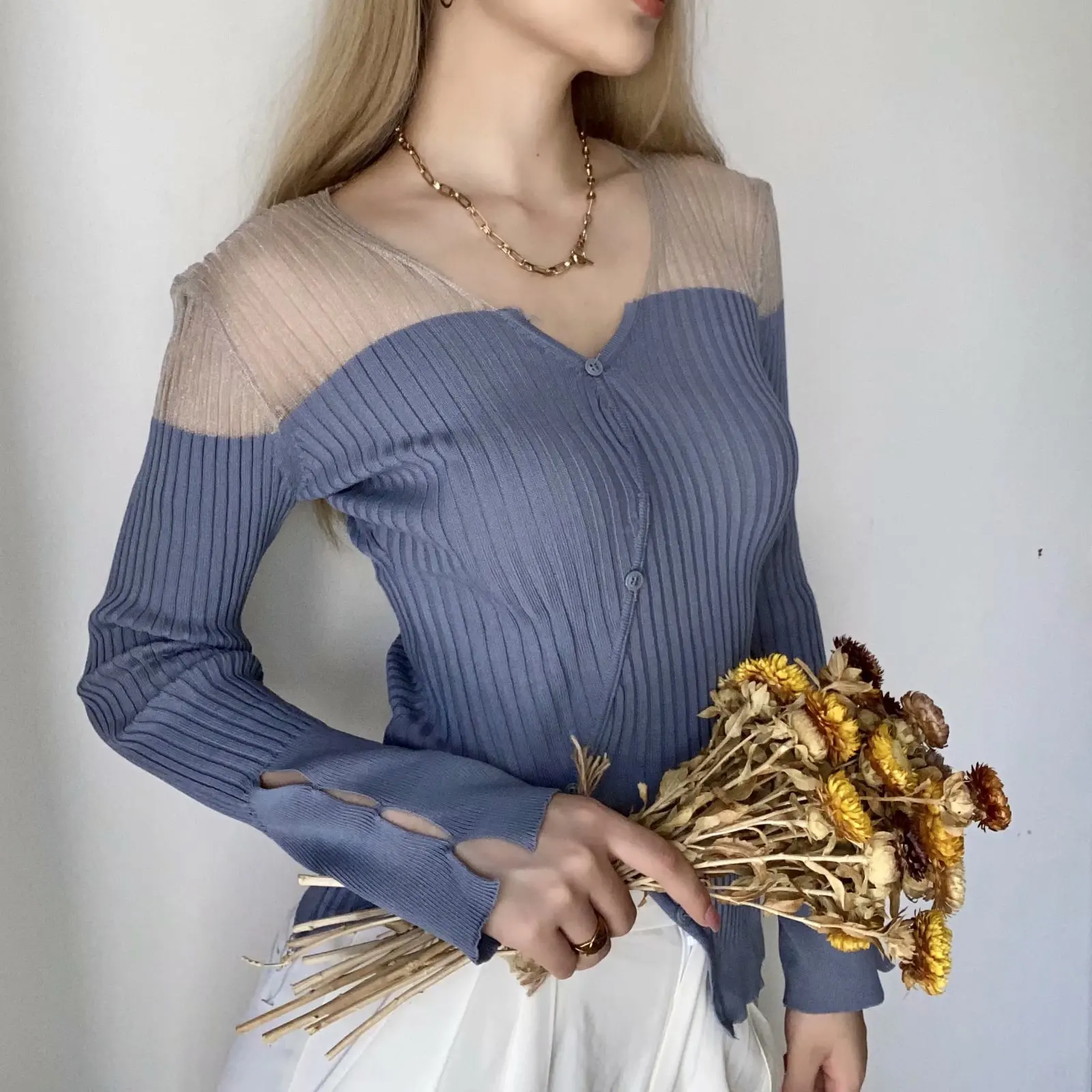 insNet Red European and American Autumn Women's All-match Irregular Color Matching Sweater Cardigan Top853-6748 | Женская одежда