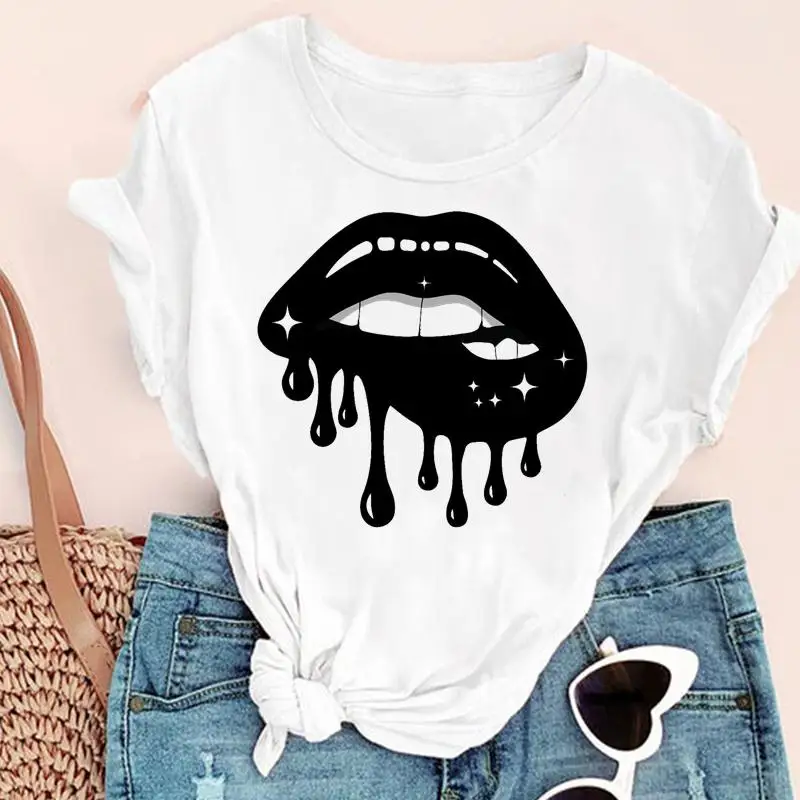 

Women Lip Watercolor Funny Camisetas Mujer Fashion Print Graphic Summer Short Sleeve Female Clothes Tops Tees Tshirt T-shirt