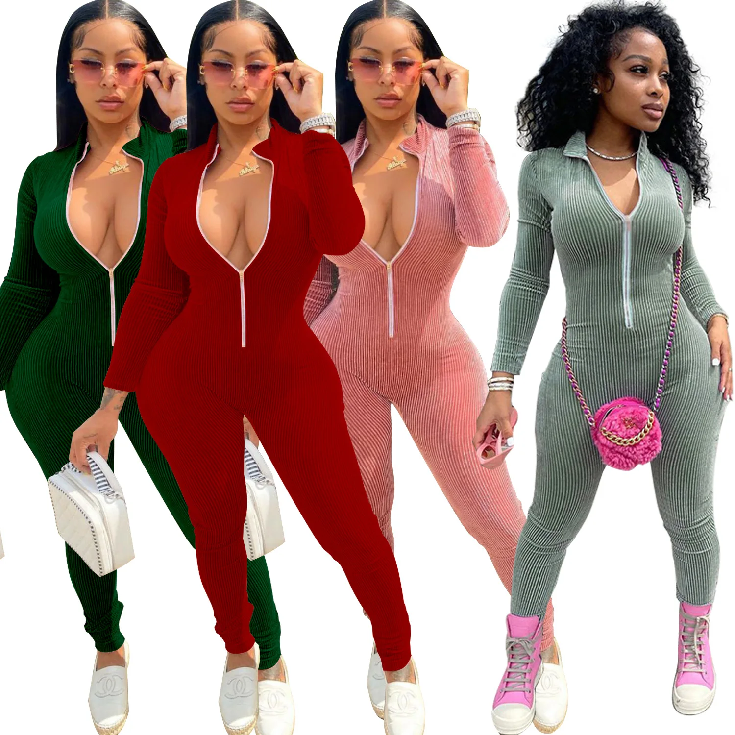 

15HY5239 Autumn Winter Women Casual Fashion Sexy Skinny Plus Velvet Zipper Sports Jumpsuit Playsuit Rompers Plus Size Hot