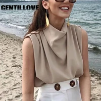 retro women elegant stand collar soft shirts fashion ladies stylish loose blouses summer offer shoulder office lady outwear