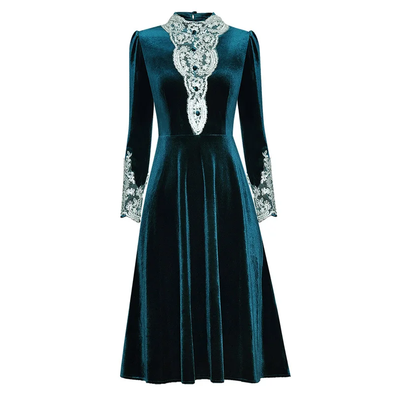 

Винтажное бархатное платье с кружевом, зеленое/Черное Платье До Колена с драпировкой, воротником-стойкой, пуговицами спереди и длинными рук...