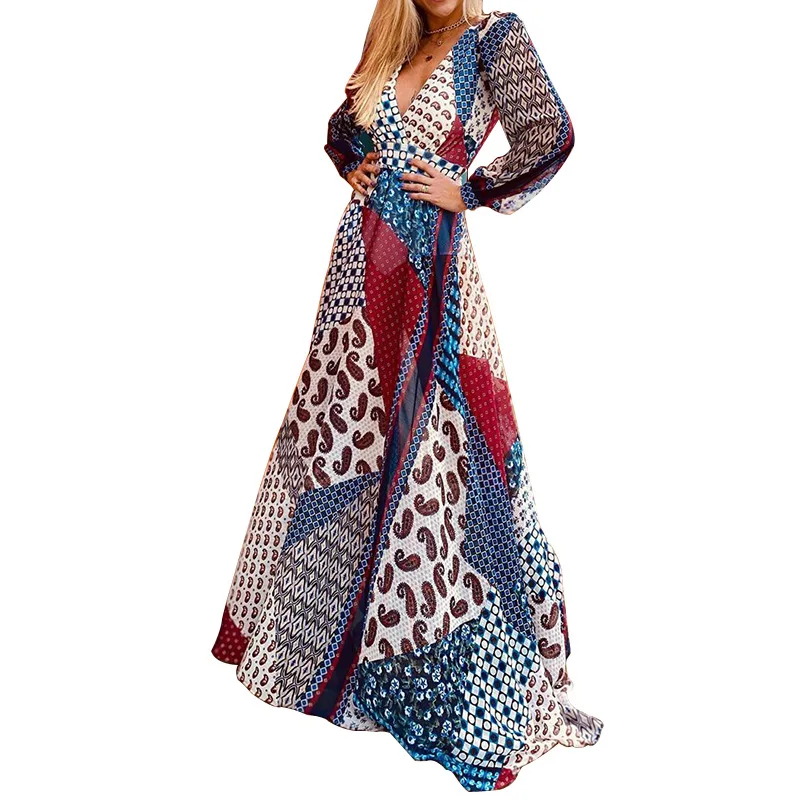 

Woman Dress Fall 2020 Women Bohemian Print V-Neck Plus Size Dress Long Sleeve Women Clothing Bodycon Dress Vestido Feminino