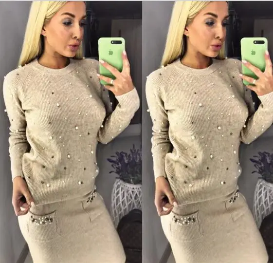 khaki Осенние комплекты из двух предметов, Женский вязаный костюм, топы с длинными рукавами, свитер с жемчугом, бисероплетенные карманы, юбки-карандаш, комплект из 2 предметов - Цвет: khaki