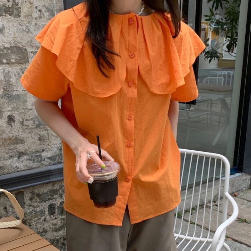 

Aibeautyer New 2021 Ruffle Vintage Korean Style Oversize Elegant Solid Lady Wild Tops Women Summer Autunm Blouses Shirts