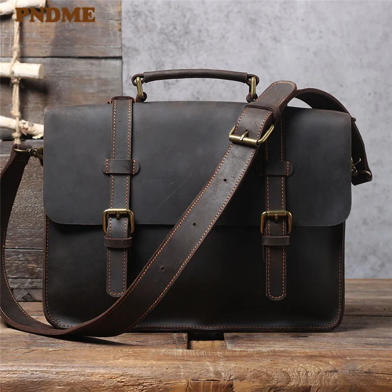 PNDME business vintage genuine leather men's multifunctional briefcase handbag natural crazy horse cowhide laptop messenger bag