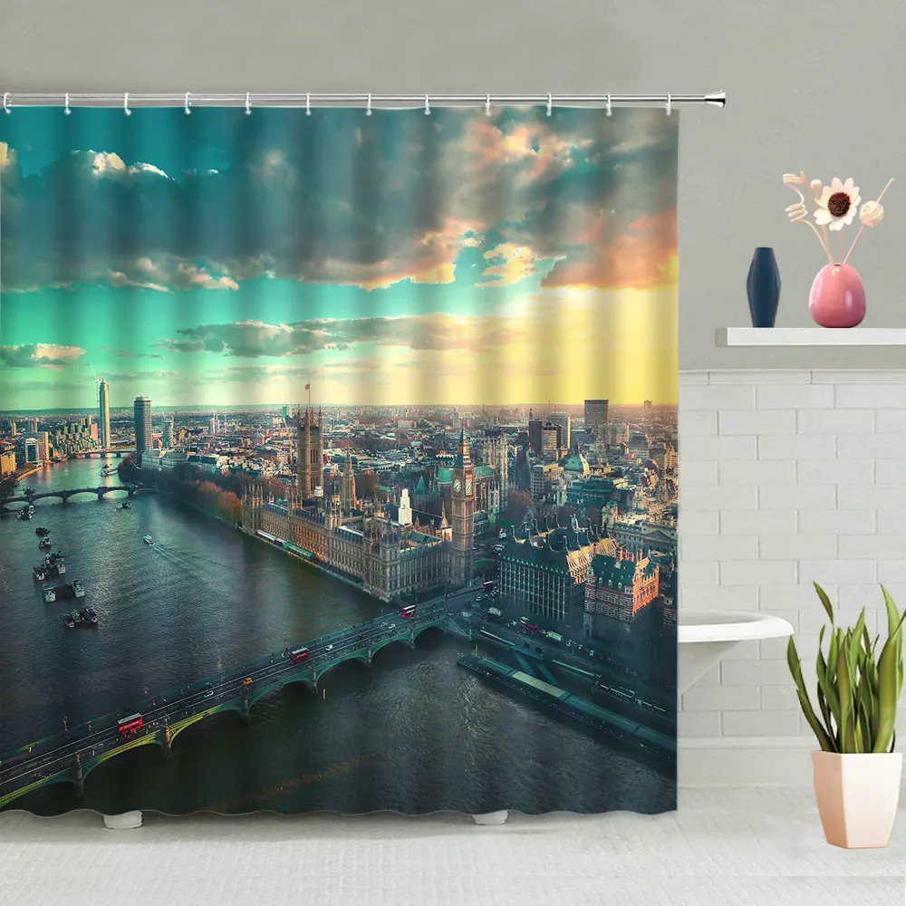 Европейский город занавеска для душа Водный дом мост архитектурный пейзаж