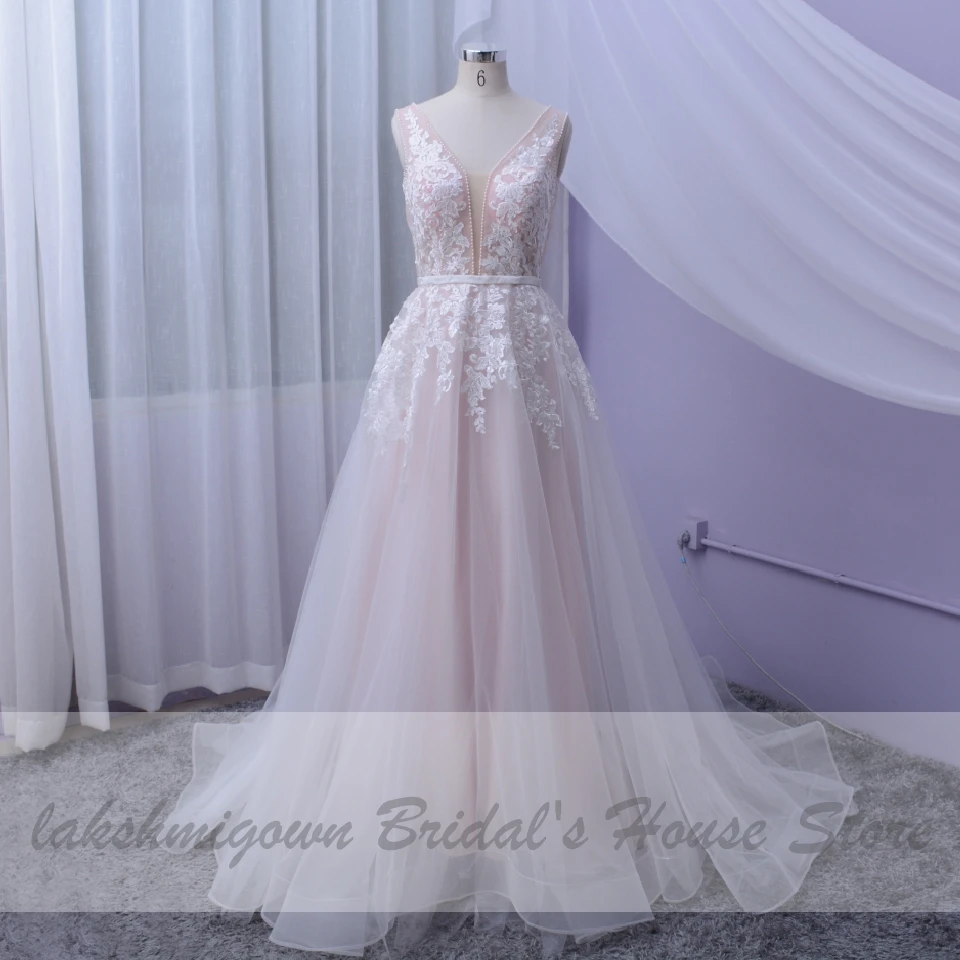 Женское свадебное платье в стиле бохо lakshmidress розовое фатиновое с v образным