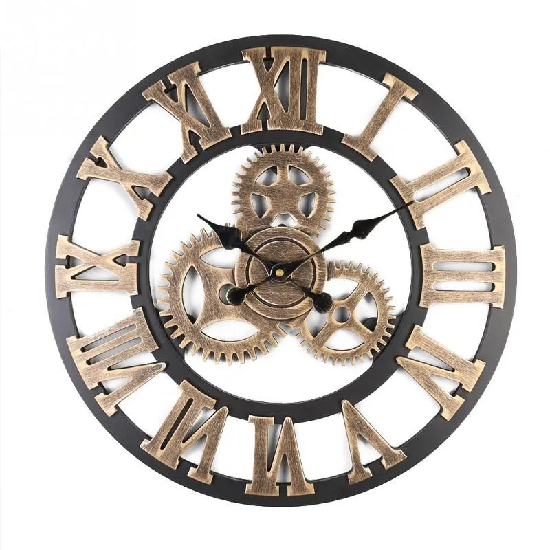 European Roman Style Gear Clock Living Room Silent Wall Clock Coffee Shop Creative Metal Hanging Clock Watches Home Decoration