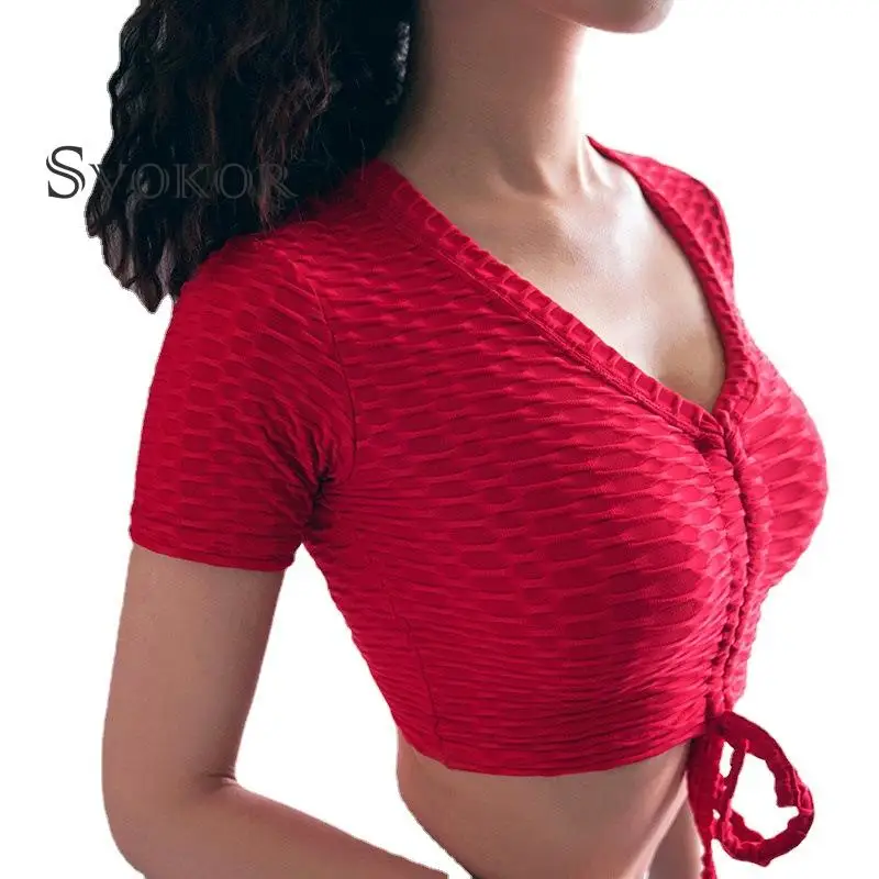 

SVOKOR, сексуальные топы, Женская жаккардовая футболка, фитнес, спортивный укороченный топ, женская футболка, 2021, спортивная одежда, Drawstring Yoga ...