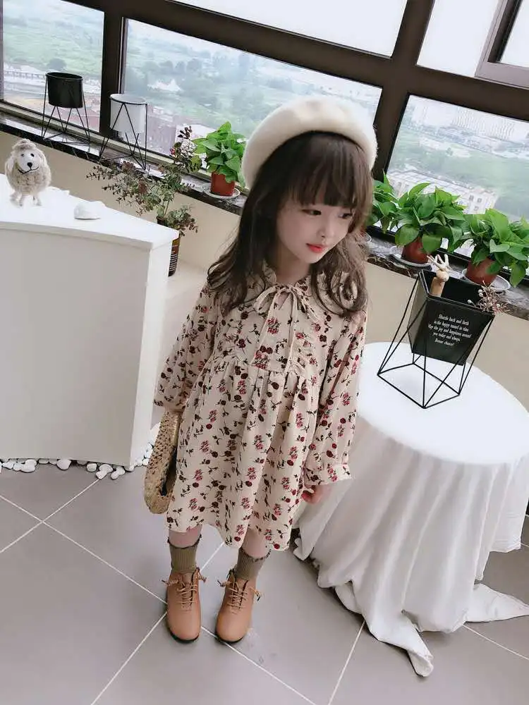 2020 spring and autumn new girl baby idyllic lace stand collar dress children rose print |