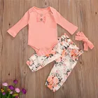 Комбинезон детский галстук-бабочка с оборками и длинными рукавами + штаны с цветочным принтом, повязка на голову, 3 шт.