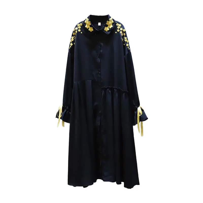 

XITAO Vintage Embroidery Floral Dress Women Bows Ruffles Draped Tide Fashion Korean Style Turn Down Collar Long Sleeve ZY4414