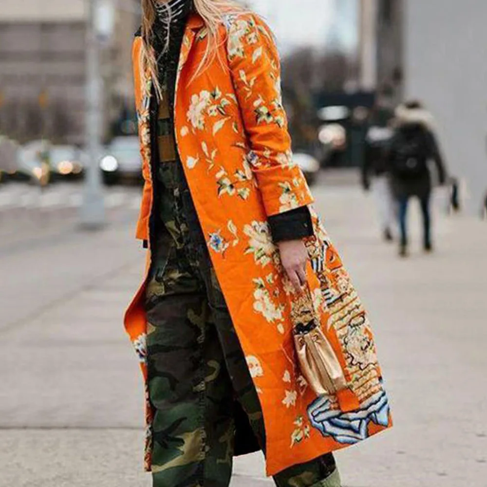 Винтажное осеннее длинное пальто с цветочным принтом 2019 зимнее прямое Женское