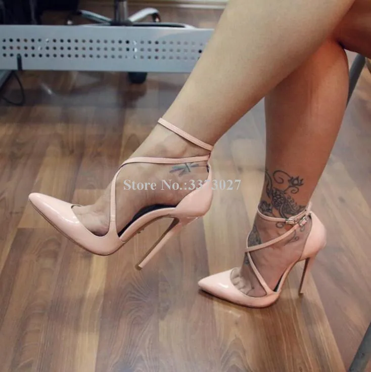 Patent Leather Pink Crossover Strap Stiletto Heels Pumps Lady Sweet Pointed Toe High Heels Shoes Woman Large Size Dress Shoes