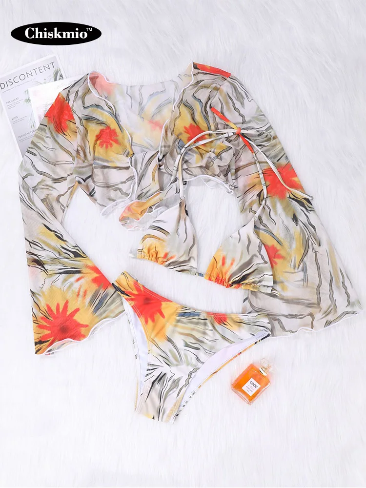 

Push Up Bikini Three Piece Floral Print Swimsuit 2021 Halter Swimwear Women Long Sleeve Bikinis Cover Up Mesh Beachwear Sexy