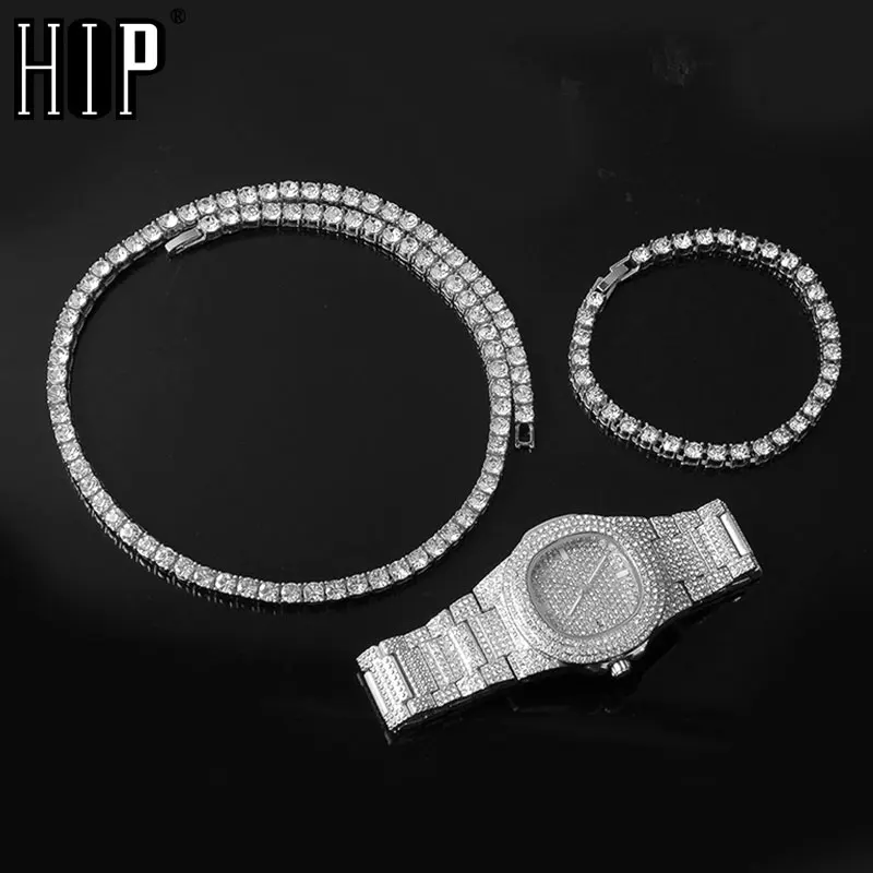 Hip Hop Mens Iced Out Necklaces + Watch+Bracelet Rhinestone Choker Bling Crystal Tennis Chain Necklace For Men Jewelry