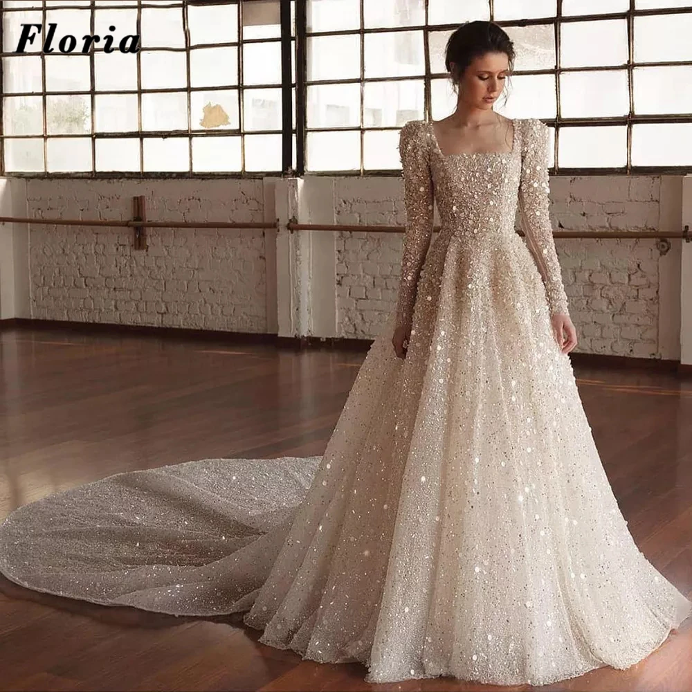 

Floria New Arrival Muslim Beading Evening Dresses Arabic Dubai Sequins Formal Party Gowns Sweep Train Prom Dress Robes Plus Size