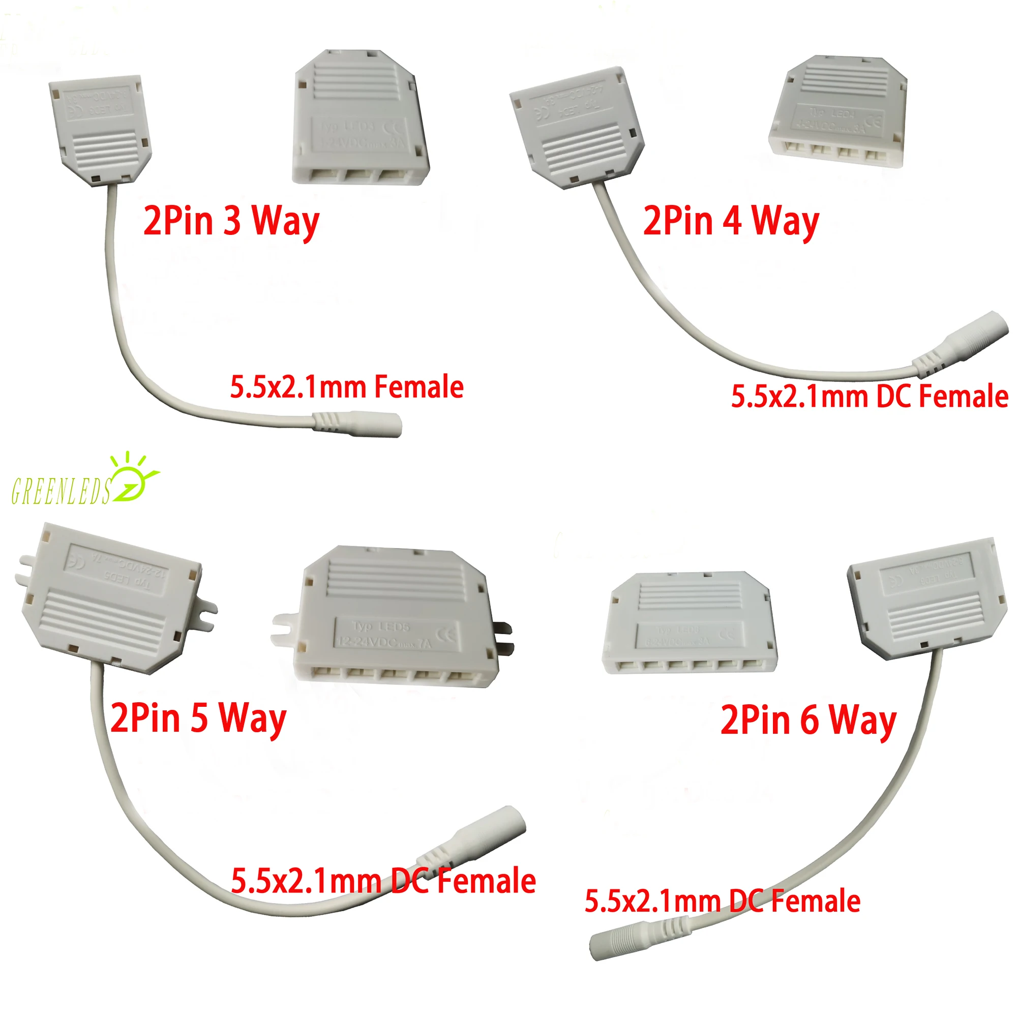 

Splitter Box 3/4/5/6 Way 2Pin DuPont Distributor Box with 5.5x2.1 DC Connectors for Single Color LED including 2m 22AWG Cable