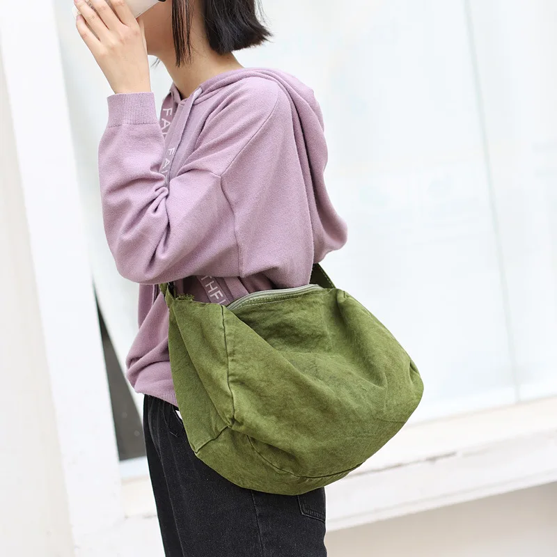 

Simple One Shoulder Women's Bag Leisure Washing Old Zipper Canvas Bag Versatile Literature And Art Messenger Bag Tote Bag