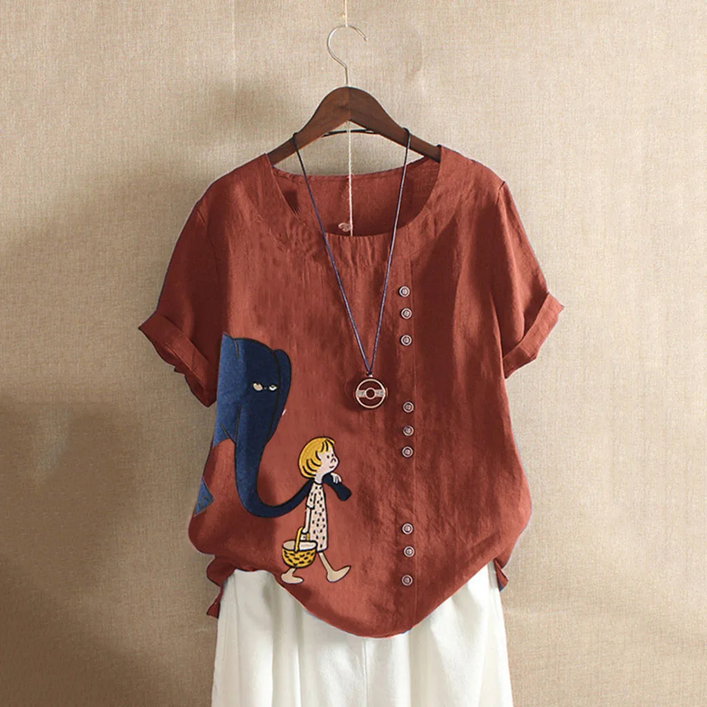 

FREE OSTRICH Tunic Shirt Women Print Short Sleeve Blouse Top Female Ladies Summer Casual Plus Size Tops Women's Shirt