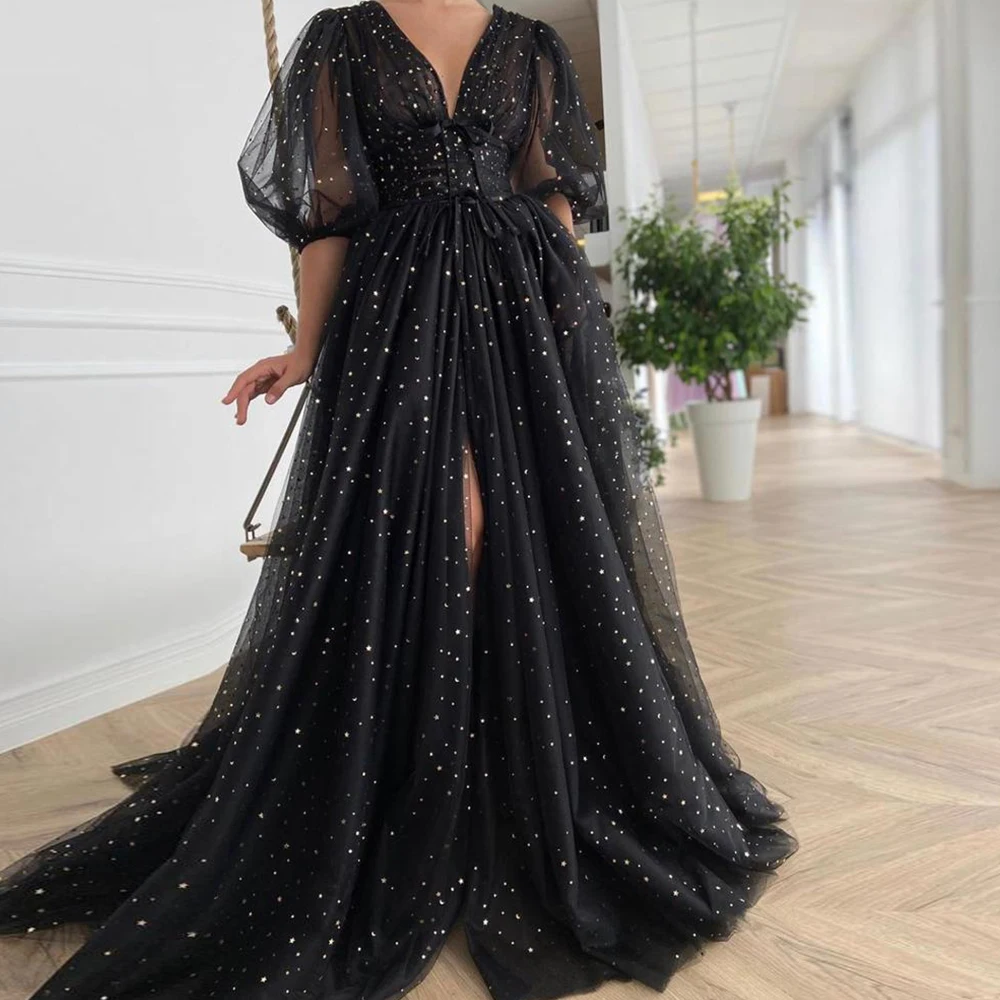 

Black Tulle Prom Dresses Sparkly V-Neck Half Puff Sleeves Ruched Wedding Party Dresses Slits Long A-Line Prom Gowns