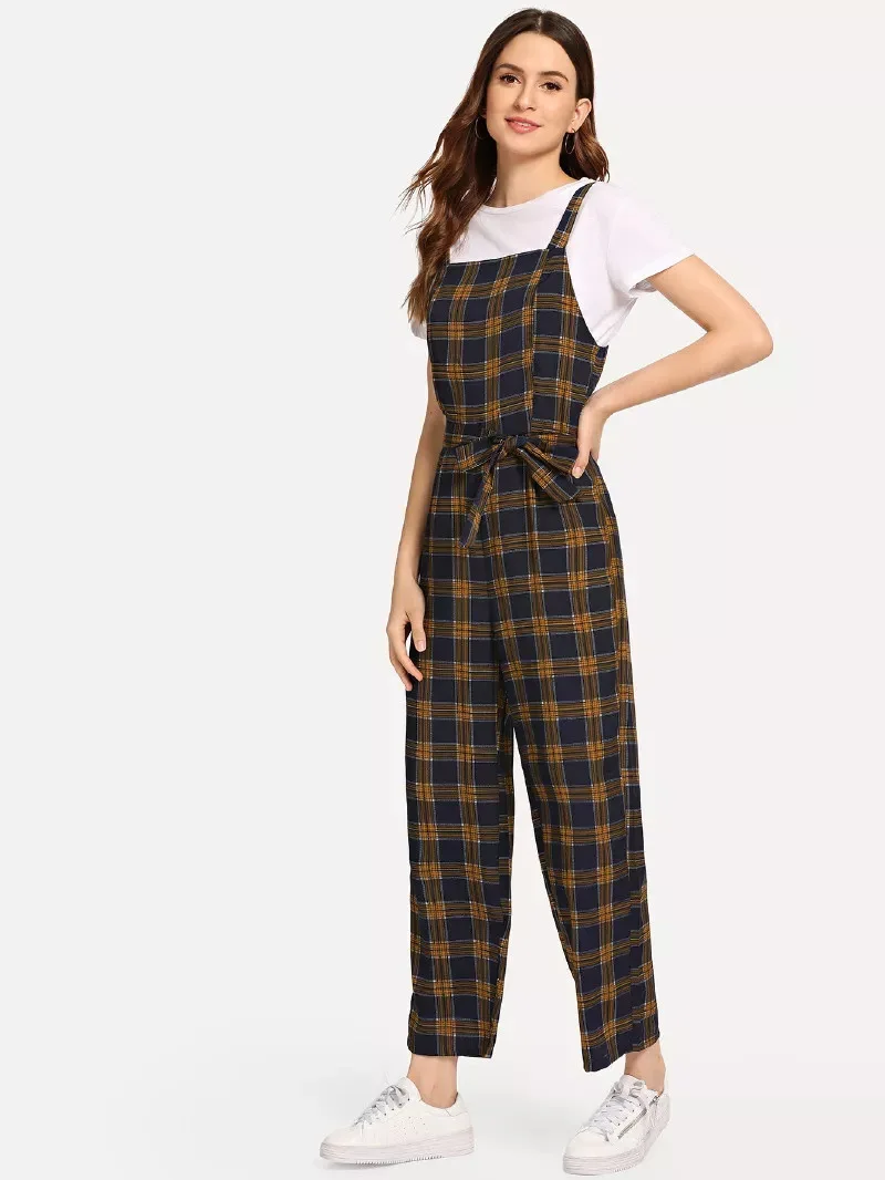 Женские винтажные комбинезоны в клетку свободные без рукавов с широкими