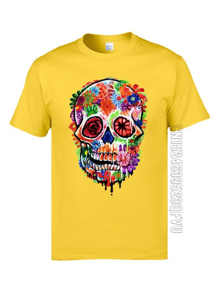 Personalized Print Skull T Shirts Day of the Dead Flower Skull Crewneck 100% Cotton Fabric T-shirts Mens Novelty T-shirts Male