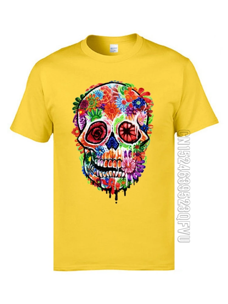 

Personalized Print Skull T Shirts Day of the Dead Flower Skull Crewneck 100% Cotton Fabric T-shirts Mens Novelty T-shirts Male