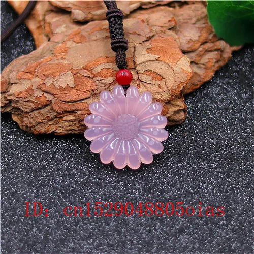 Natural Pink Chinese Jade Sun Flower Pendant Agate Necklace Fashion Charm Jewelry Carved Amulet Gifts for Women Men | Украшения и