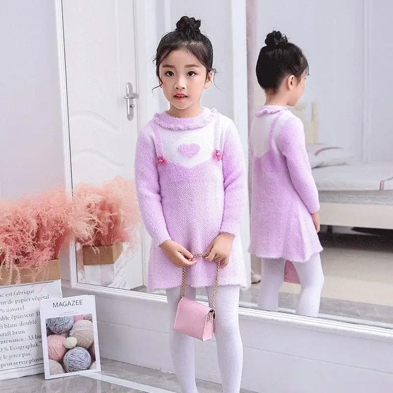 

2020 Autumn Winter Kids Girls New Imitation Mink Cashmere Knit Dress Children Warm Casual Sweater Dress For Girls Clothes K191