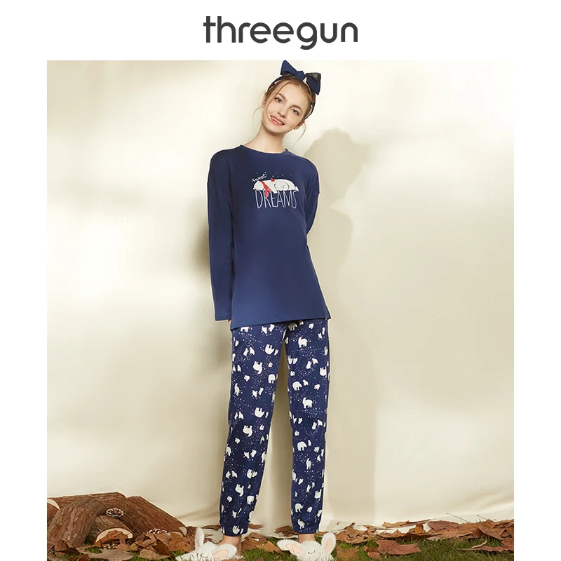 THREEGUN, Пижамный комплект для женщин, хлопок, осень, зима, Нью-Йорк, дизайн, принт, одежда для сна, костюм, мультфильм, длинный рукав, полный, для дома