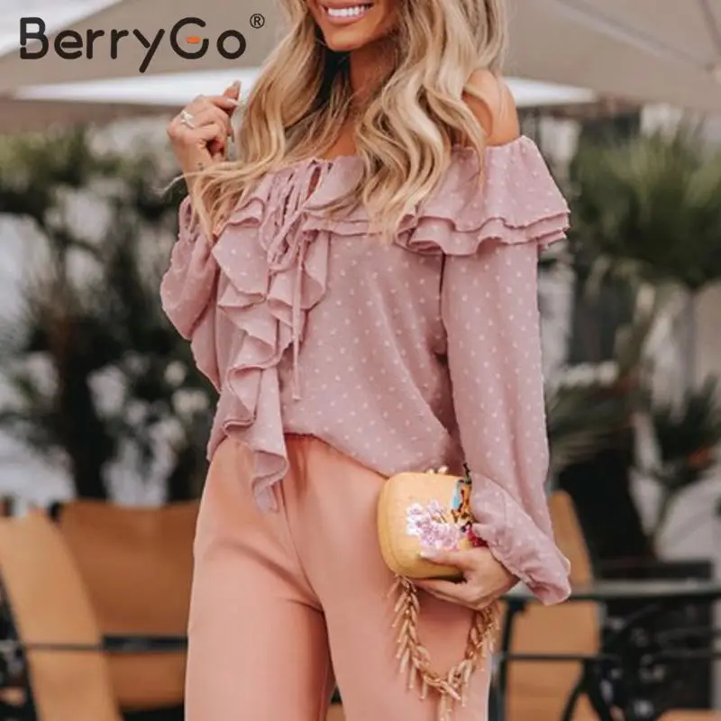 Женская блузка с открытыми плечами BerryGo элегантная Праздничная оборками